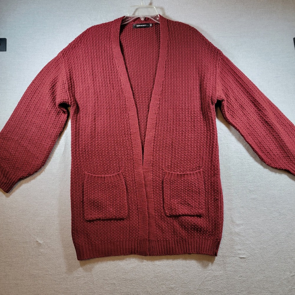 Merokeety Cardigan Sweater Womens Medium Burgundy Excellent Popcorn Knit Pocket
